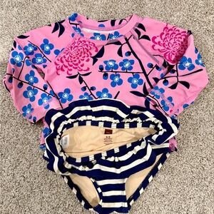 Tea Collection Pink Floral Rashguard Set with Navy Stripes